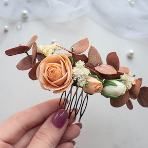 Terracotta wedding eucalyptus hair piece - Bridal flower comb bridesmaid clip