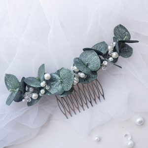 Hochzeit Eukalyptus Perlen Haarschmuck Brautkamm Kopfschmuck grün Bild 8