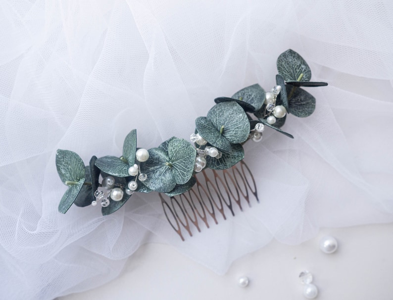 Hochzeit Eukalyptus Perlen Haarschmuck Brautkamm Kopfschmuck grün Bild 8