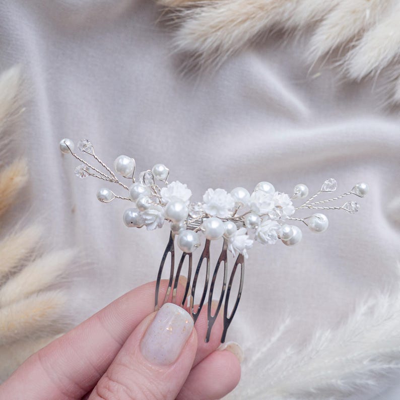 Wedding flower hair pins pearl piece babys breath - bridal headpiece image 15