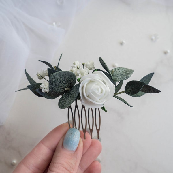 Eucalyptus rose wedding hair piece Mini bridal comb - Flower clip ivory