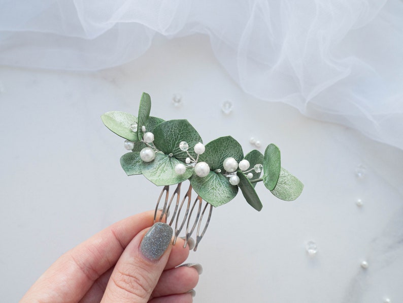 Boda eucalipto perla pieza de pelo novia peine tocado verde 3.5 pulgadas