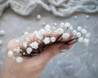 Wedding flower hair pins pearl piece babys breath - bridal headpiece