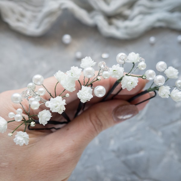 Wedding flower hair pins pearl piece babys breath - bridal headpiece