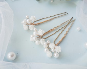Bridal hair pins, Pearl Wedding babys breath hair piece, Bride clip Flower headpiece