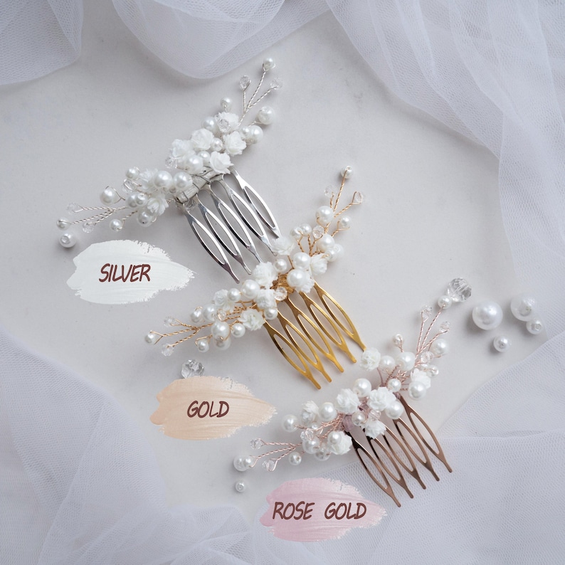 Wedding flower hair pins pearl piece babys breath - bridal headpiece image 11