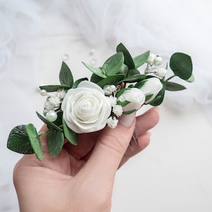 Pente de cabelo de eucalipto, acessório de cabeça de pérola para noiva, peça floral para casamento e folhagens