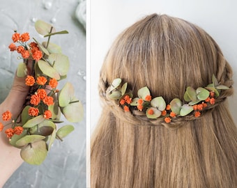 Burnt orange bridal hair pins flower piece - Wedding clip eucalyptus