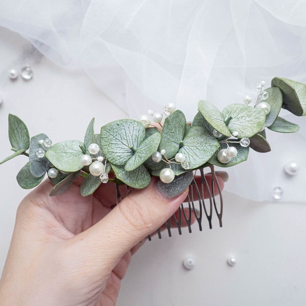 Pearl eucalyptus hair piece bridal comb Wedding headpiece greenery