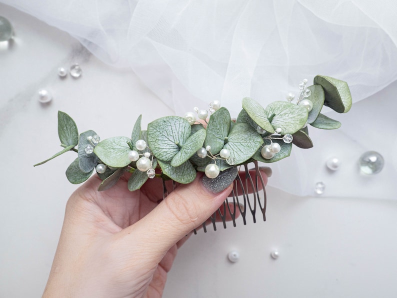 Hochzeit Eukalyptus Perlen Haarschmuck Brautkamm Kopfschmuck grün 6 Zoll