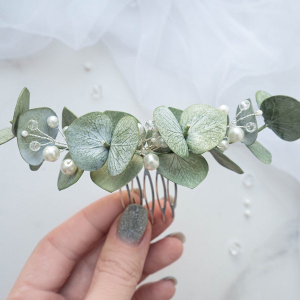 Hochzeit Eukalyptus Perlen Haarschmuck Brautkamm Kopfschmuck grün