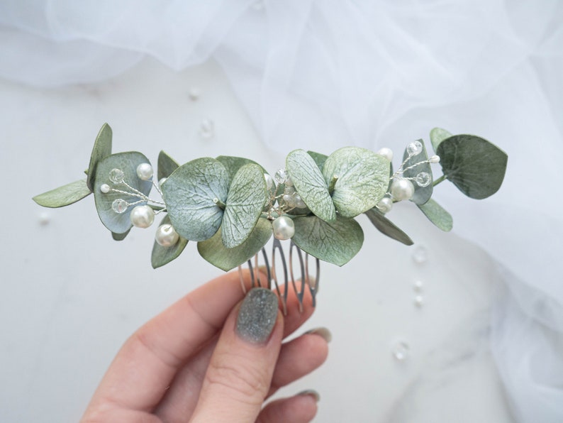 Wedding eucalyptus pearl hair piece bridal comb headpiece greenery 5 inches