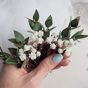 Bridal eucalyptus vine hair piece - Wedding flower pins babies breath