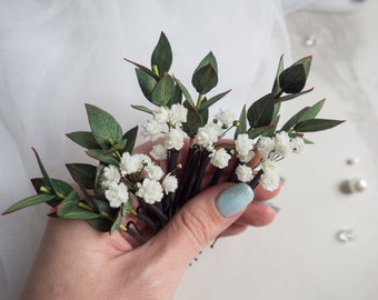 Bridal eucalyptus vine hair piece - Wedding flower pins babies breath