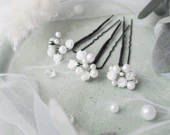 Pearl Bridal hair pins, Wedding babys breath hair piece, Bride clip Flower headpiece