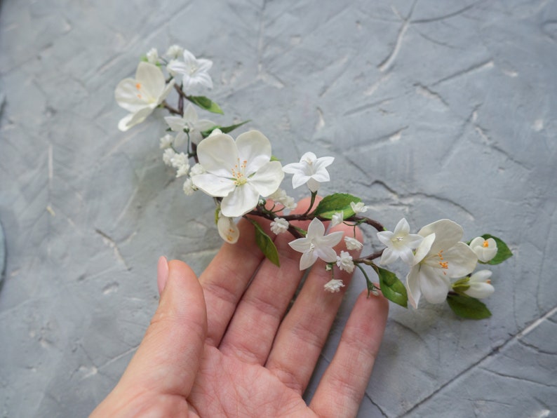 white cherry blossom and campanula Bridal babys breath hair vine with gypsophila flower