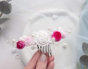 Hot Pink flower hair comb with rose, baby's breath hair piece, pearl bridal headpiece