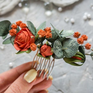 Terracotta flower hair piece bridal eucalyptus comb - Wedding headpiece rust