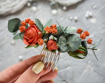 Peigne de mariée fleurs en terre cuite eucalyptus - Coiffe de mariage rouille