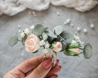 Braut Eukalyptus Haarteil Rosenkamm Blumenclip Hochzeit