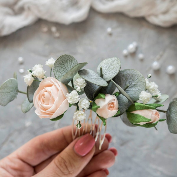 Bridal eucalyptus hair piece rose comb flower clip wedding
