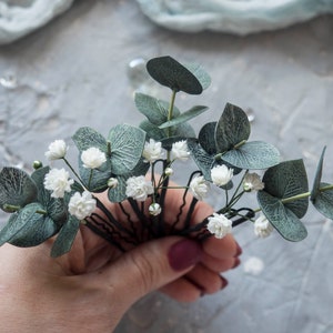 Bridal hair pins eucalyptus babys breath piece wedding hairpiece