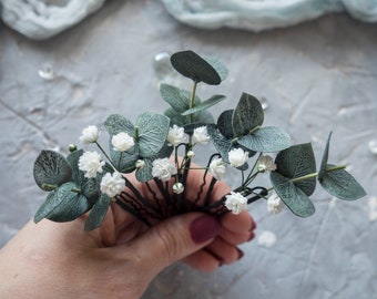 Bridal hair pins eucalyptus babys breath piece wedding hairpiece