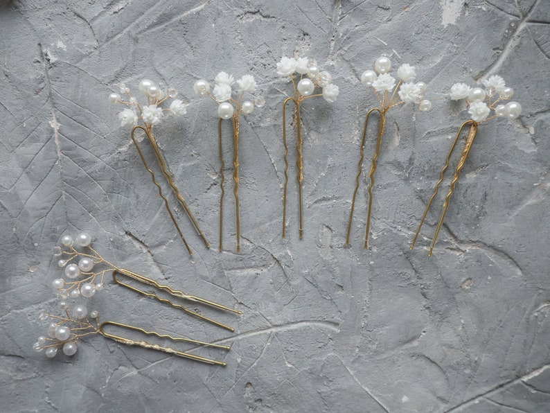 Épingles à cheveux fleur de mariage perle haleine de bébé coiffe de mariée image 3