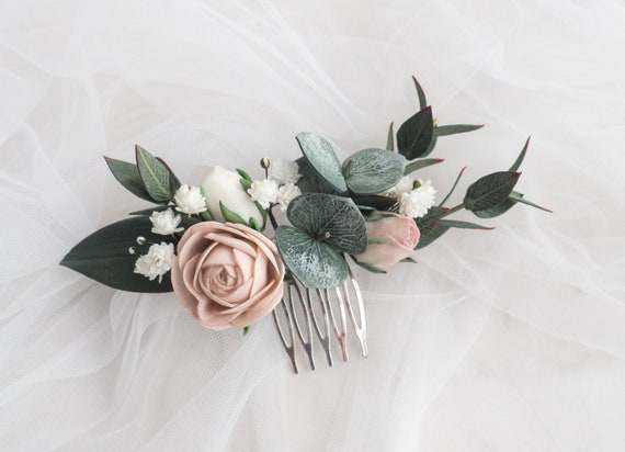 Eucalyptus wedding hair piece Dusty Rose bridal comb - Flower clip