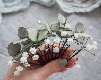Horquillas para el pelo de eucalipto para boda, decoración de aliento de bebé, pieza nupcial