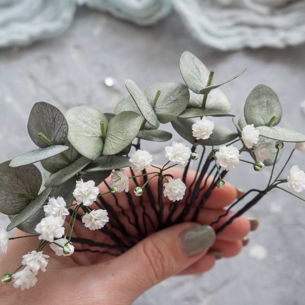 Wedding eucalyptus hair pins greenery babys breath piece bridal