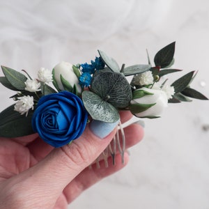 Royal blue bridal hair piece - Eucalyptus comb Flower clip