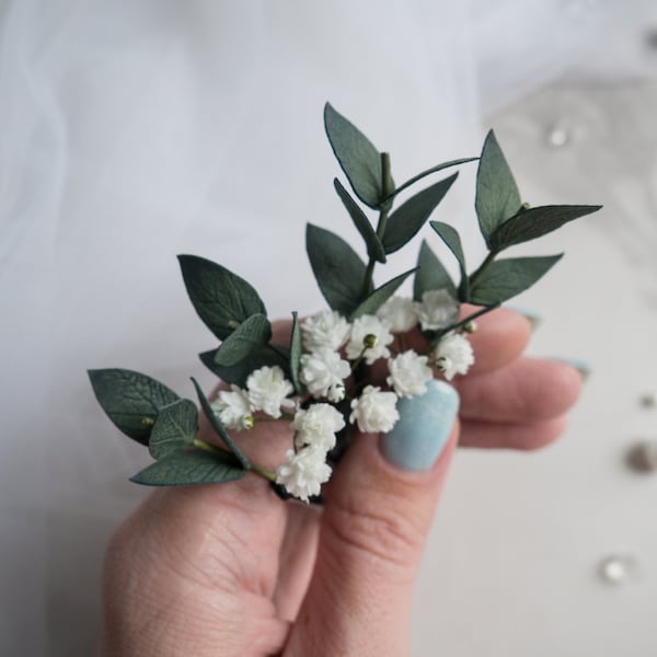 Eucalyptus bridal hair accessories - Flower piece pins Babies breath