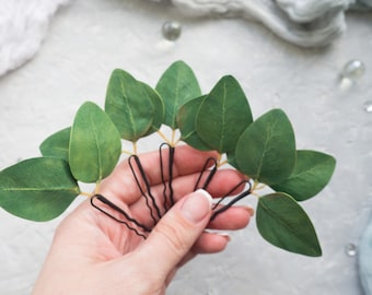 Greenery hair pins, faux eucalyptus leaves floral headpiece