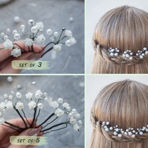 Wedding flower hair pins pearl piece babys breath bridal headpiece set of 7 green stems