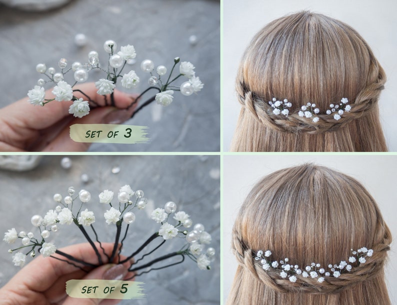 Wedding flower hair pins pearl piece babys breath bridal headpiece set of 7 green stems