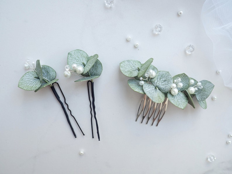 Wedding eucalyptus pearl hair piece bridal comb headpiece greenery image 4