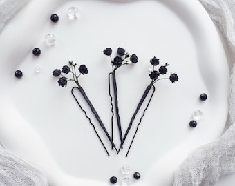 Black gothic wedding hair pins, goth hair piece bride, babys breath bridal clip