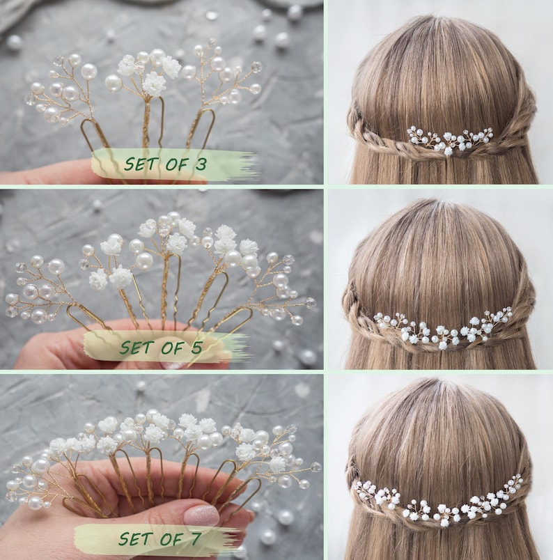 May include: A set of hair pins featuring gold-toned wire branches adorned with small white faux pearls and tiny white floral accents. The collection is displayed in sets of three, five, and seven, shown both individually and styled in hair.