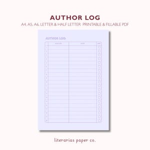 Puede incluir: Una hoja de registro de autor imprimible y rellenable de color violeta claro con el texto AUTHOR LOG: A4, A5, A6, LETTER & HALF LETTER PRINTABLE & FILLABLE PDF. El documento incluye una lista numerada del 1 al 20 con columnas para título.