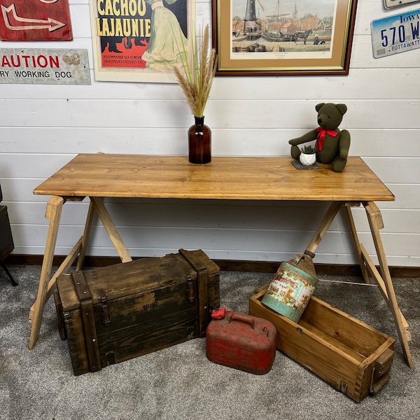 Rustic Industrial Small Wooden Table Top Vintage Desk Top Trestle Table Farmhouse Decor Chic