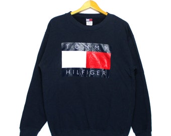 Vintage Tommy Hilfiger Flag Spellout Big Logo Full Print Crewneck Pullover Sweatshirt