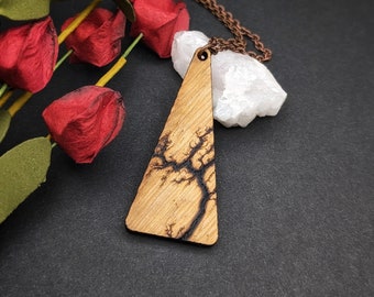 Fractal Burned Triangle Pendant, Light Wood Necklace, Lati Wood Pendant, Fifth Anniversary Present, Unisex Necklace, Natural Wood Pendant