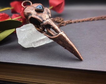 Raven Skull Pendant, Labradorite and Copper Necklace, Witchy Jewelry for Him, Crow Skull Pendant, Unique Seventh Anniversary Gift for Her