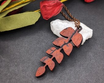 Fractal Burned Leaf Pendant, Small Dark Wood Necklace, Padauk Wood Pendant, Nature Jewelry, Boho Jewelry for Her, Unique Mothers Day Gift