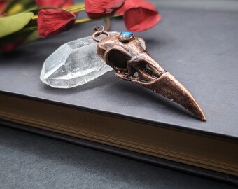 Raven Skull Pendant, Labradorite and Copper Necklace, Witchy Jewelry for Him, Crow Skull Pendant, Unique Seventh Anniversary Gift for Her