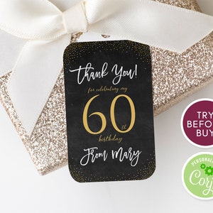 60th Birthday Tags, Favor Tags Printable, Thank You Tag, Personalized Black and Gold Confetti Tags, Any Age Birthday Party Tag, Editable DIY