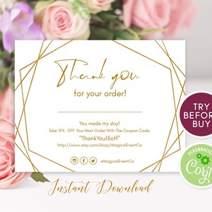 Goud Bedankt voor uw aankoopkaart sjabloon, klein bedrijf, online bedrijf, Etsy verkoper, dank u bestel bewerkbare instant download DIY