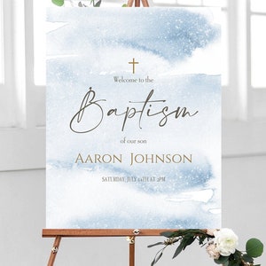 Baptism Welcome Sign, Christening Welcome Sign, Printable Welcome Sign, Blue Watercolor Welcome Sign, Blue Gold Sign, Digital Template 18x24