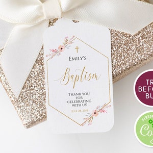 Floral Geometric Thank You Baptism Tag Template, Printable Baptism Favor Tags, First Communion Girl Boy Christening Tags, Instant Download